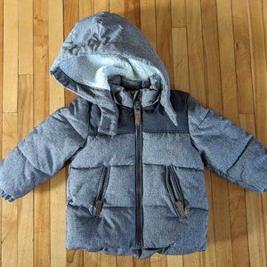 Fleece lined winter jacket removable hood 12-18m
